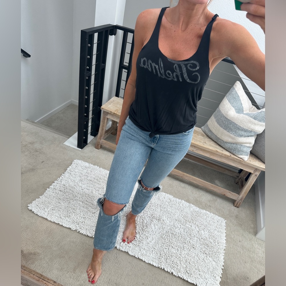 Free People Thelma Graphic Tank Navy Western Country Festival Knot Front Size XS